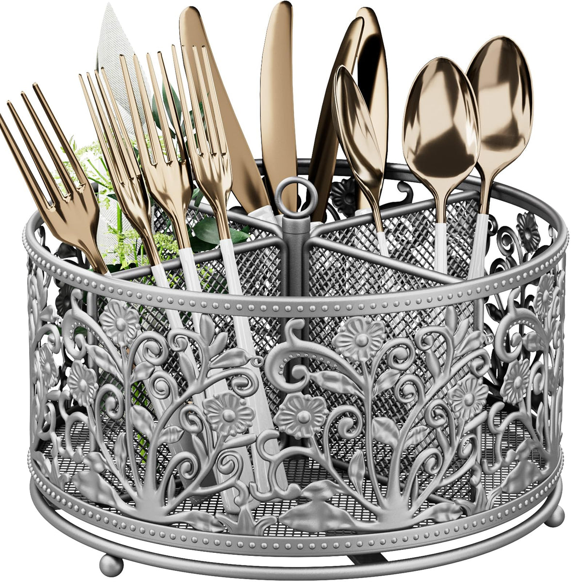 Yiukea 360-degree rotating utensil caddy for easy access to silverware.