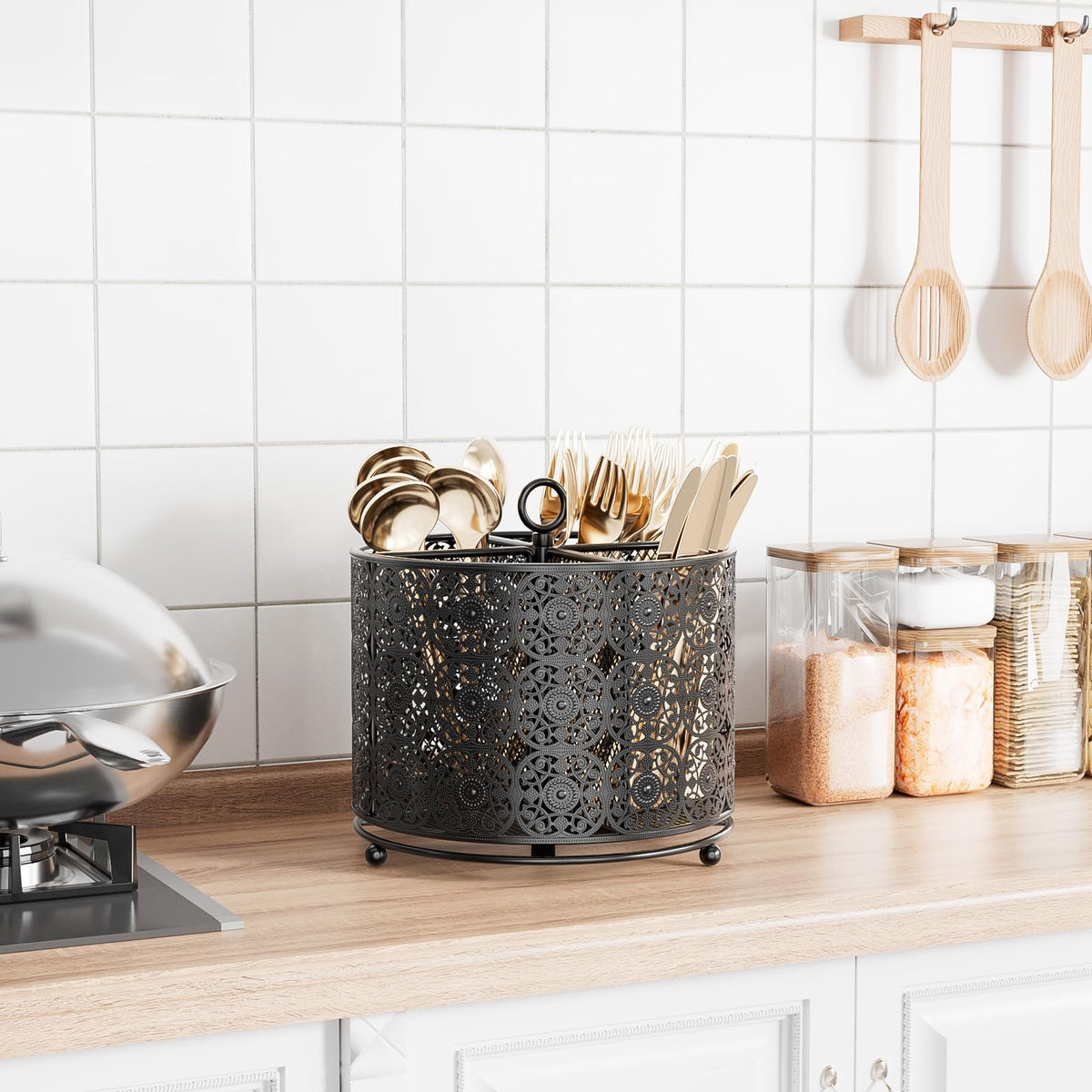 YIUKEA four-compartment organizer keeps knives forks and spoons neatly separated for easy reach.
