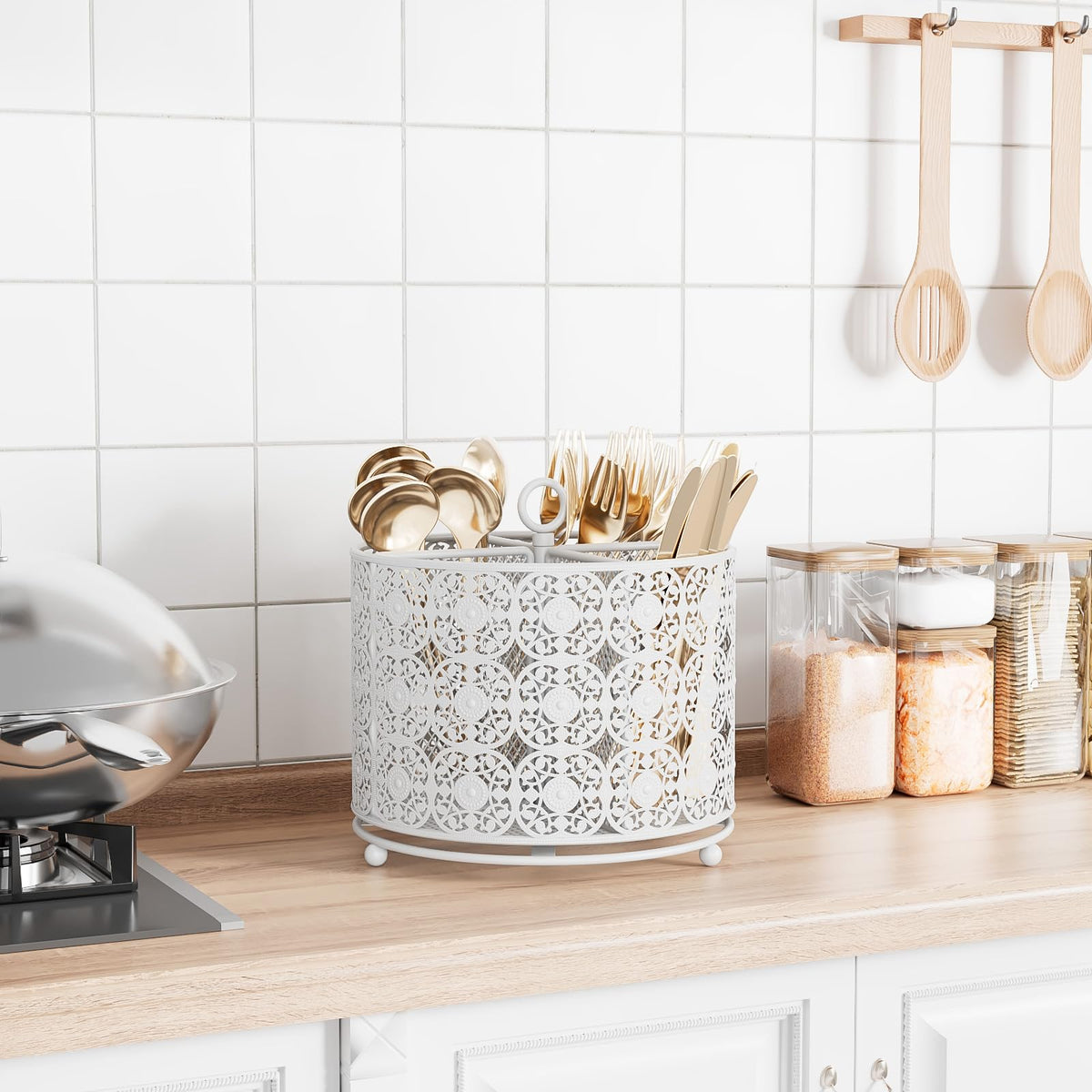 YIUKEA higher-raised silverware caddy stabilizes on kitchen counters to prevent toppling