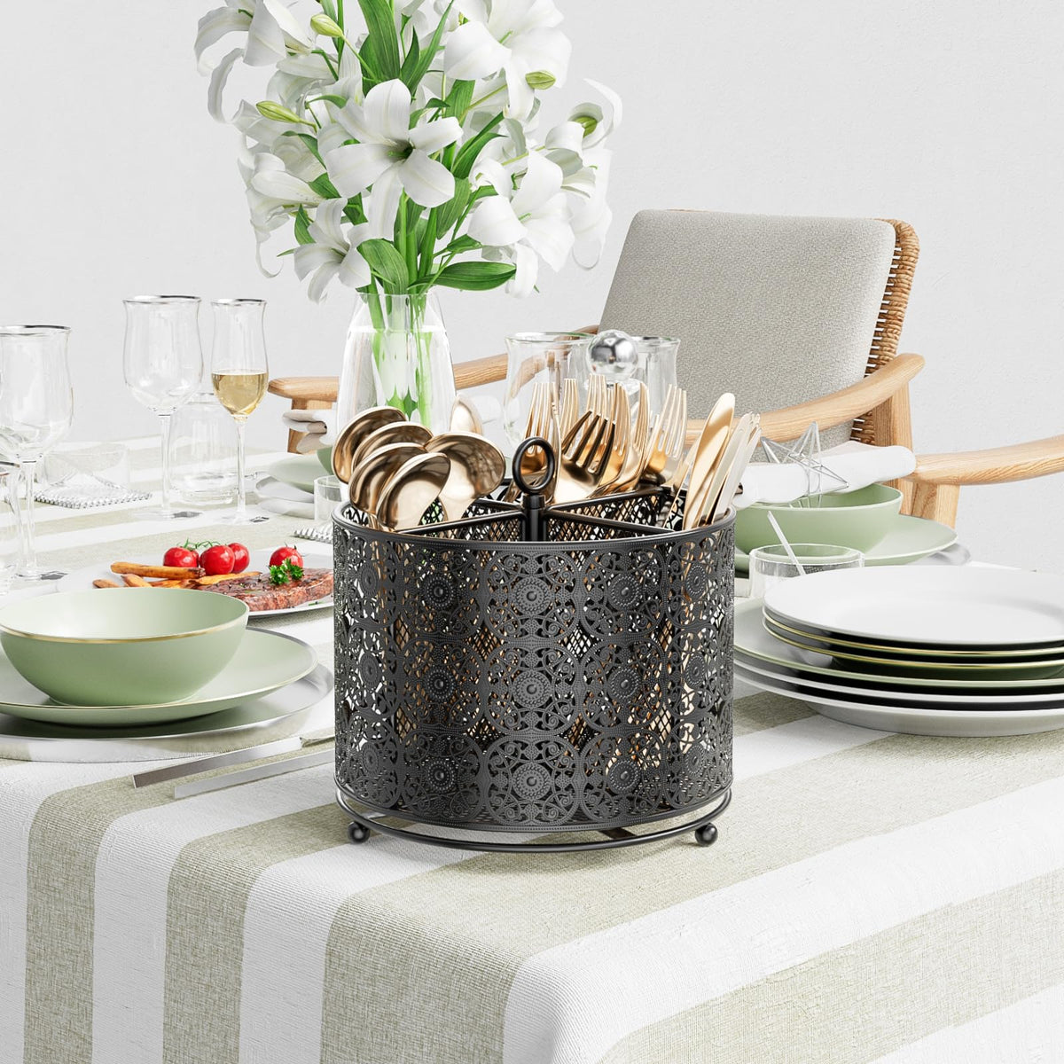 YIUKEA raised-base counter organizer provides stable storage on busy kitchen surfaces.