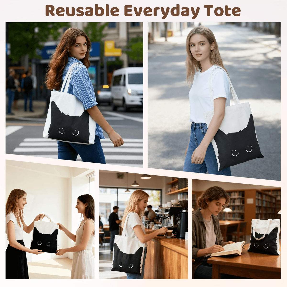 Yivona tote highlights eco-conscious cotton material.