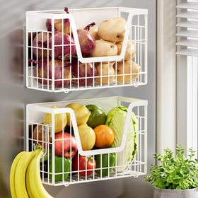 YIWANFW 2-set magnetic fridge shelf securely holds fruits and snacks on metal surfaces.