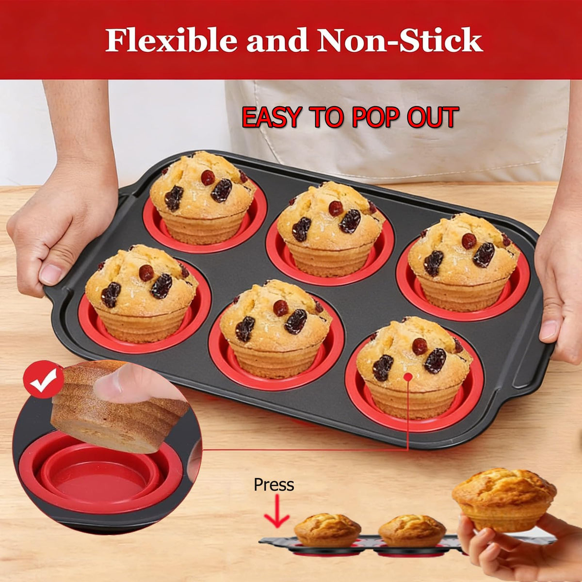 YiYeraio silicone muffin pan in oven demonstrates oven-safe performance up to 446°F.