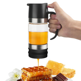 YIYOBEATFO glass honey dispenser with no-drip spout for mess-free pours.