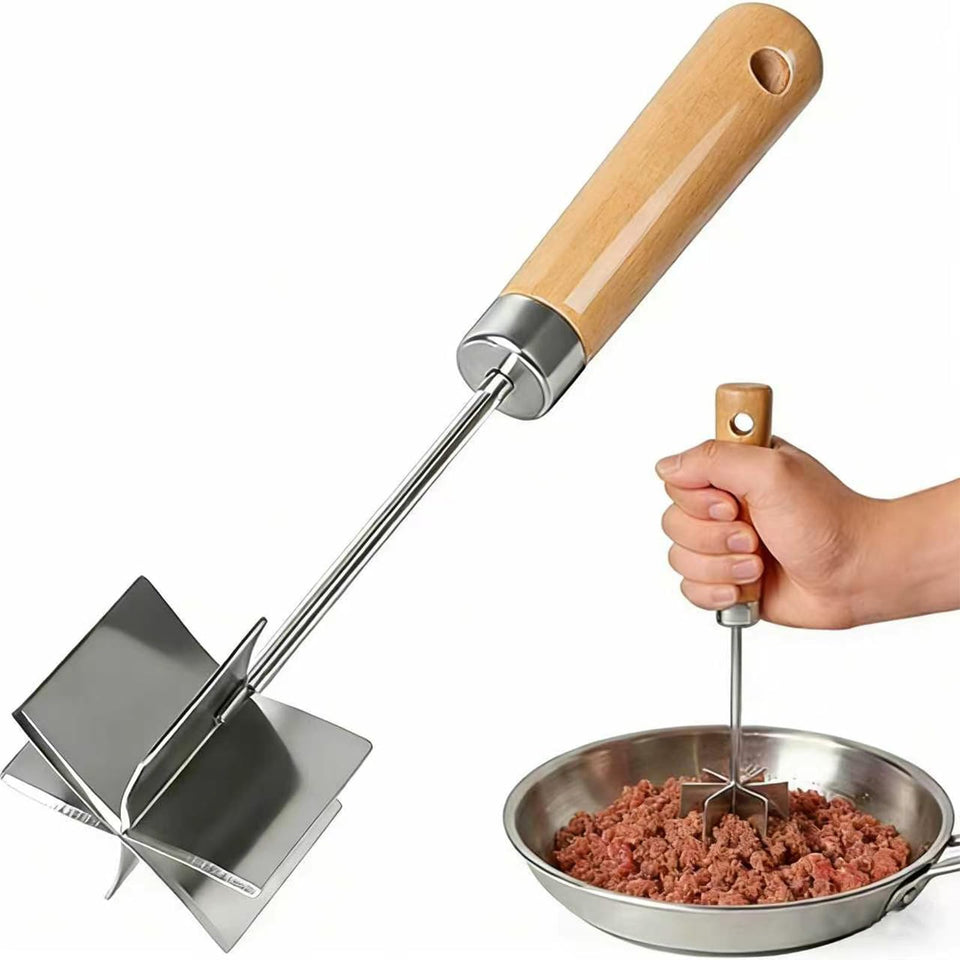 YJREW meat chopper with six blades quickly breaks up ground beef in the pan.