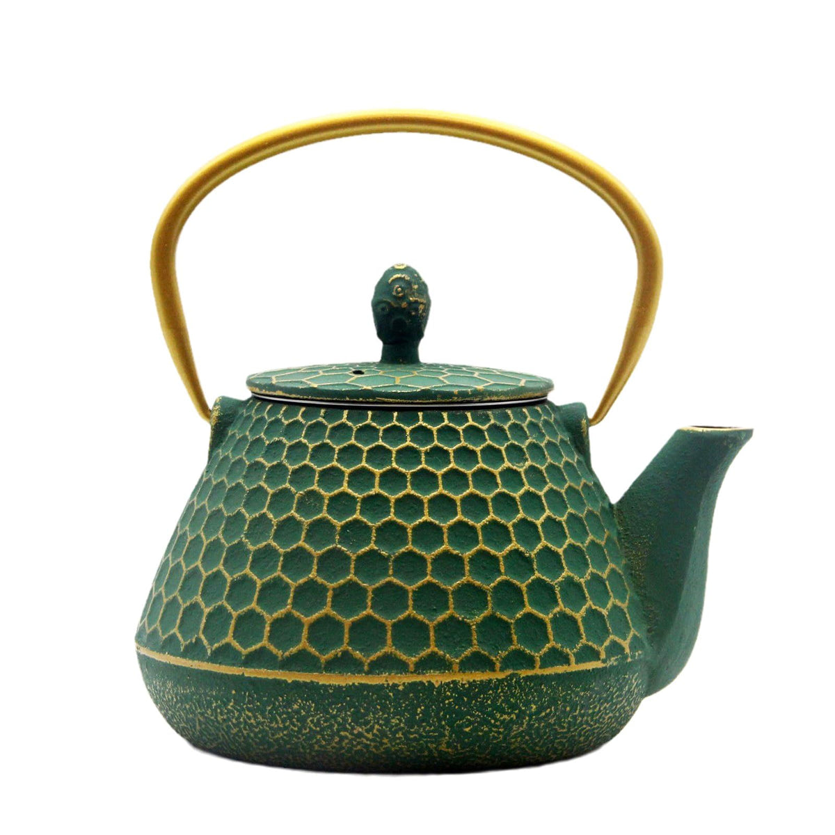 YJX cast iron tea kettle front view with dark green hex pattern for durable stovetop brewing.