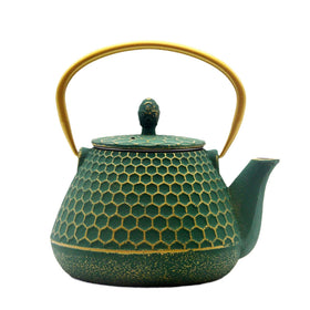 YJX cast iron tea kettle front view with dark green hex pattern for durable stovetop brewing.