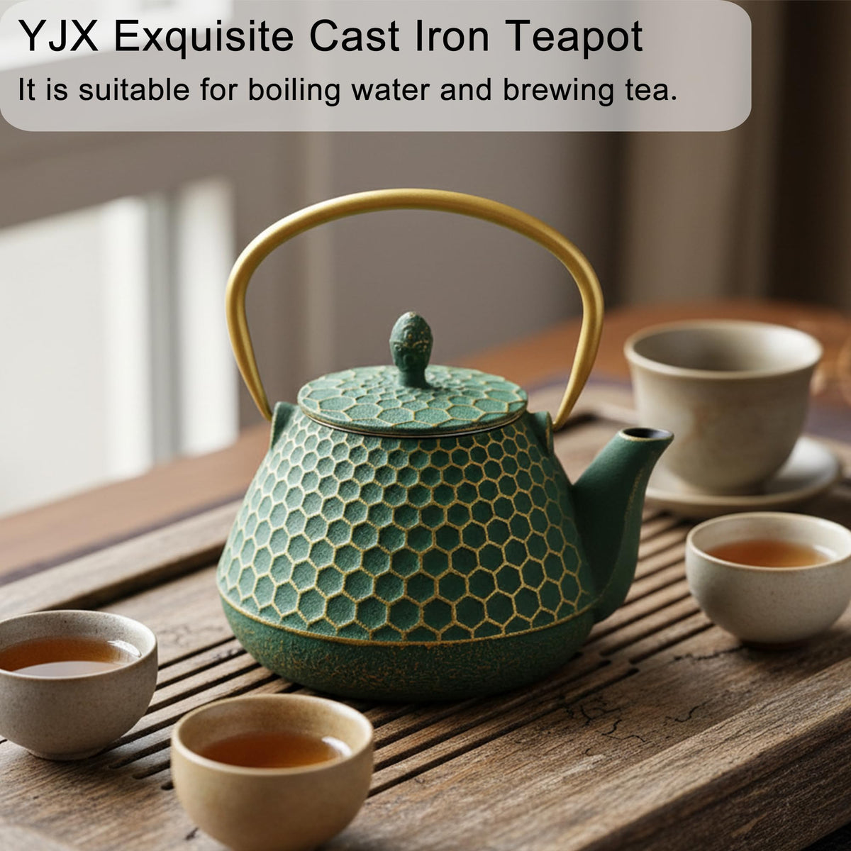 YJX cast iron teapot handle side view showcasing sturdy design for easy pouring.