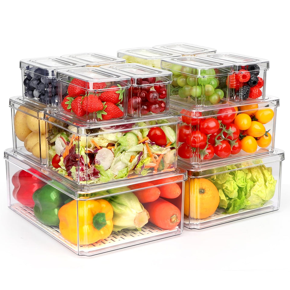 YKIOKE 14-pack fridge organizer bins with lids stacked to save space and stay organized.