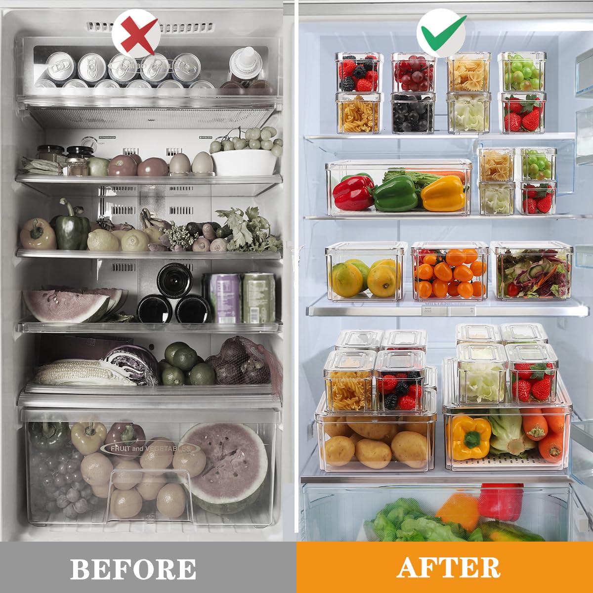 YKIOKE medium fridge bin fitting cucumbers and tomatoes neatly.