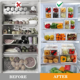 YKIOKE medium fridge bin fitting cucumbers and tomatoes neatly.