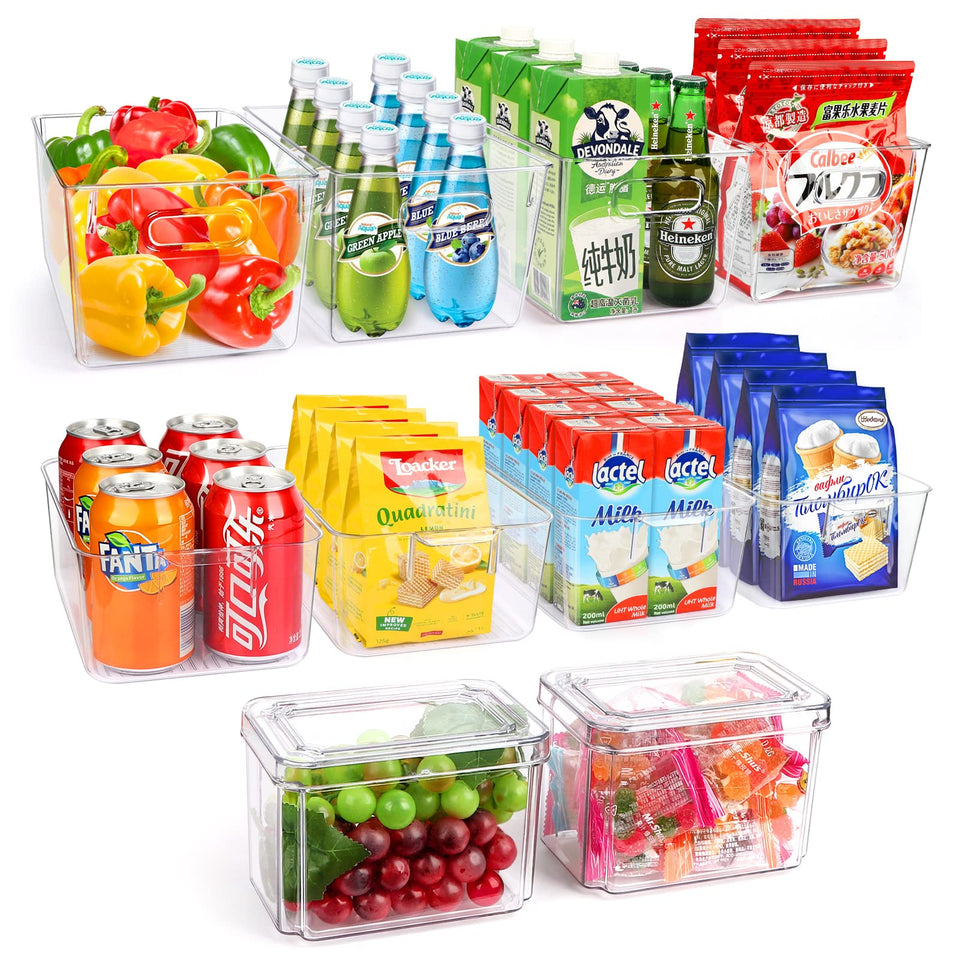 YKIOKE set of 10 fridge bins for organized, easily accessible groceries.