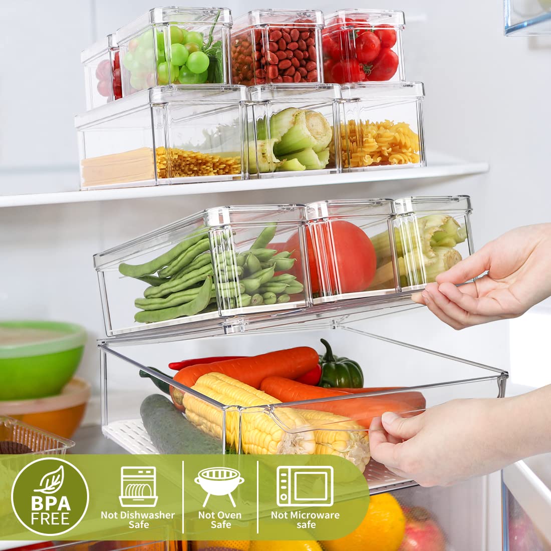 YKIOKE stackable fridge organizers save space and improve access.