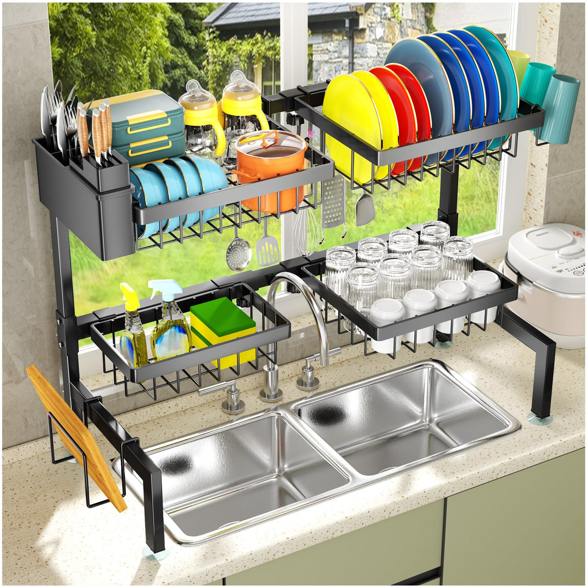 YKLSLH over-sink dish drying rack with four baskets for extended capacity.