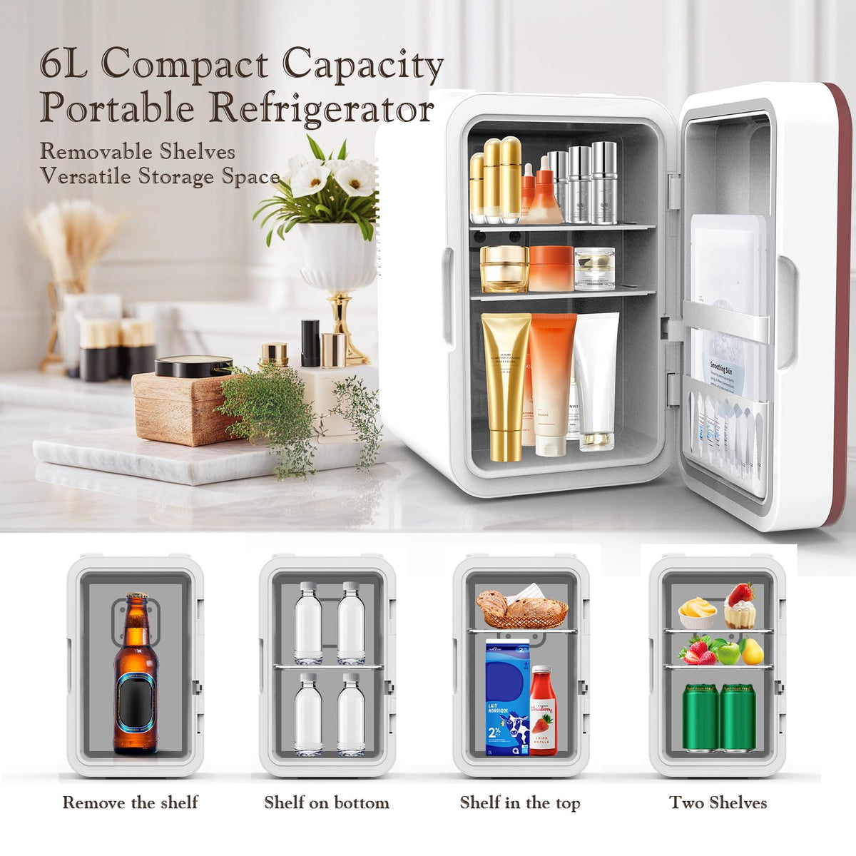 YLFU fridge interior with two adjustable shelves for tall bottles and jars.