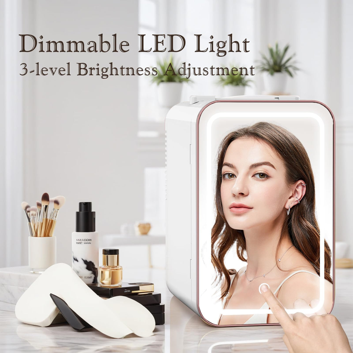 YLFU mini fridge with LED mirror provides makeup lighting during routines.
