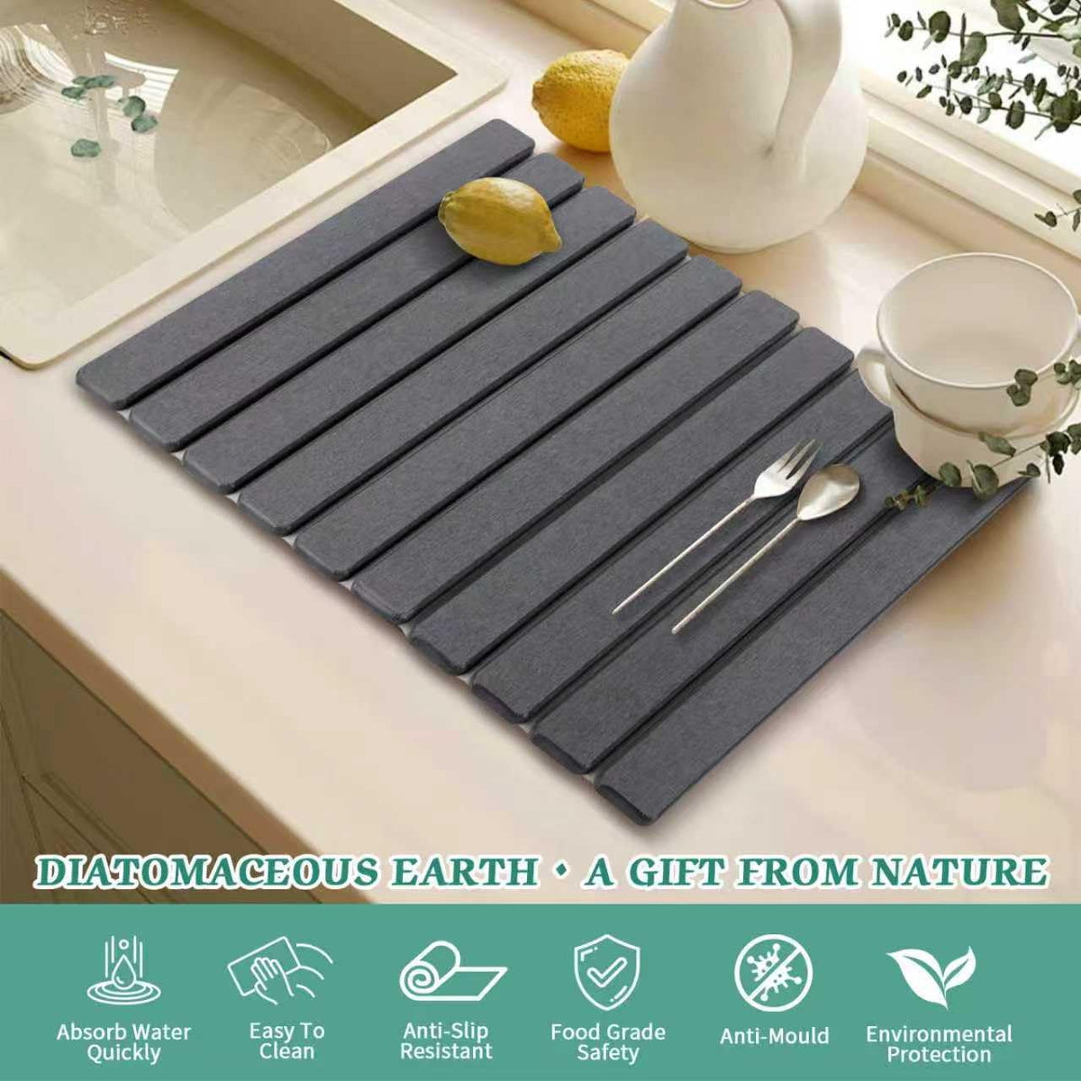 YLjindoia food-grade drying mat close-up showing safe contact with dishes.