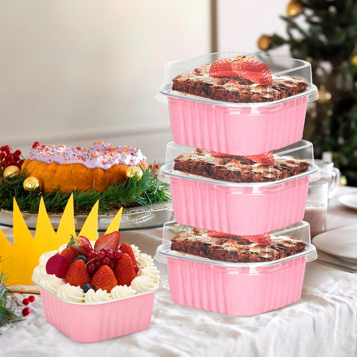 Ylnurac pink square mini cake pan with lid side view for stylish presentation