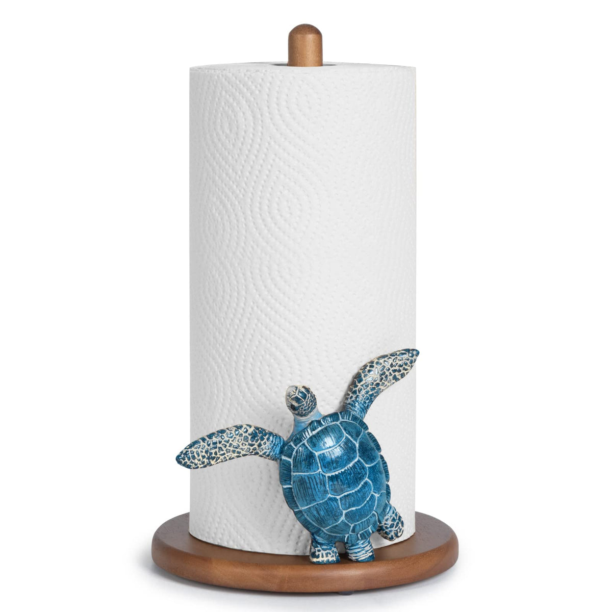 YLOVAN turtle paper towel holder stand on a kitchen counter, secure and easy to use.