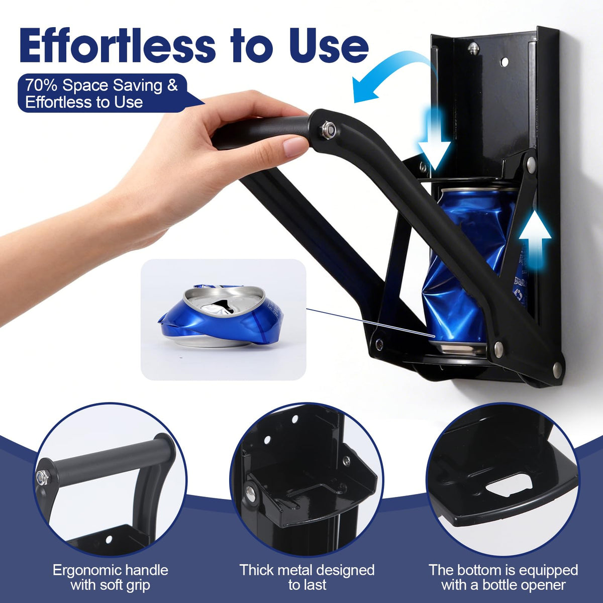 YLSURNY ergonomic handle facilitates comfortable, effortless can crushing.