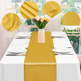 YMHPRIDE 12x108 gold satin table runner fits 8-10 seat tables.