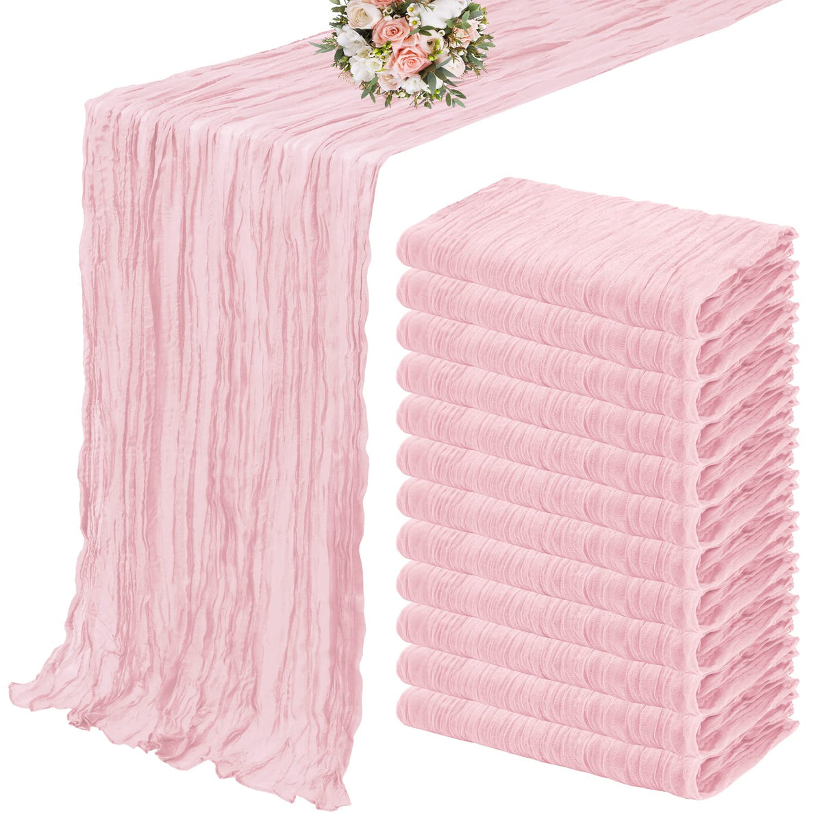 YMHPRIDE light pink cheesecloth table runner shows 12-pack setup for elegant dining.