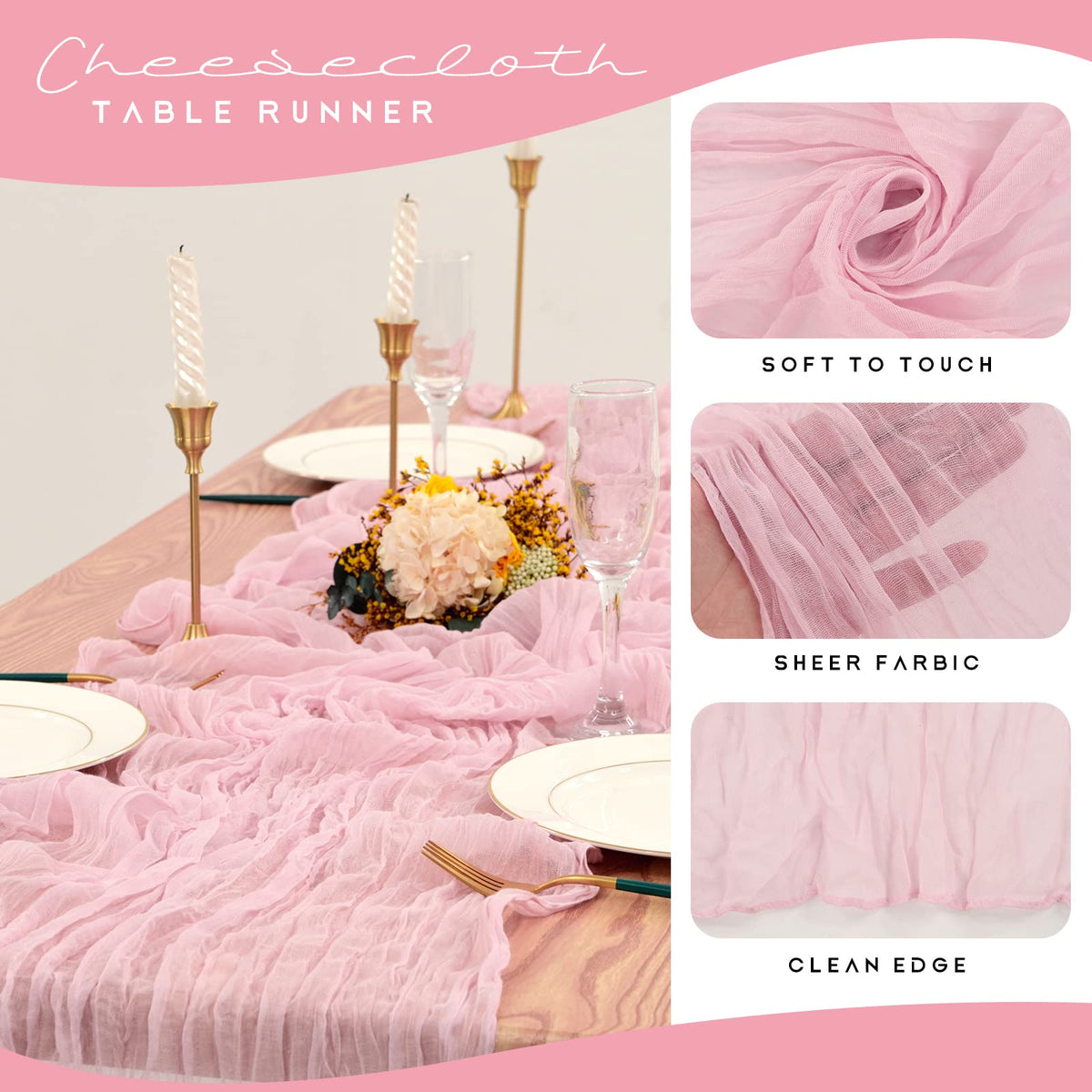 YMHPRIDE light pink runner for wedding decor creates a delicate semi-sheer backdrop.