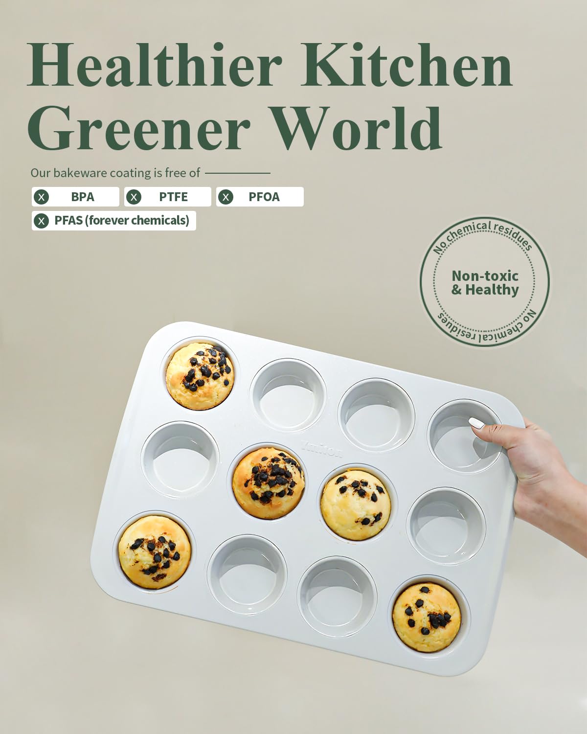 Ymiton cupcake pan with ceramic coating offers clean release and simple cleaning.