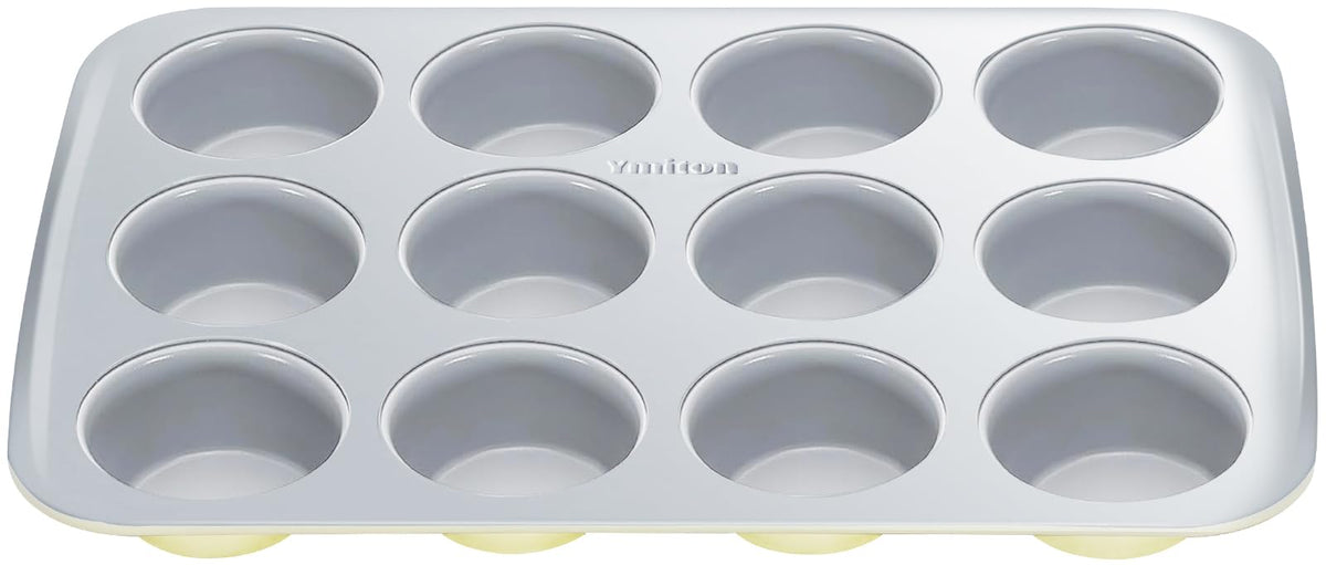 Ymiton 12-cup muffin pan with ceramic nonstick for easy release and even browning.