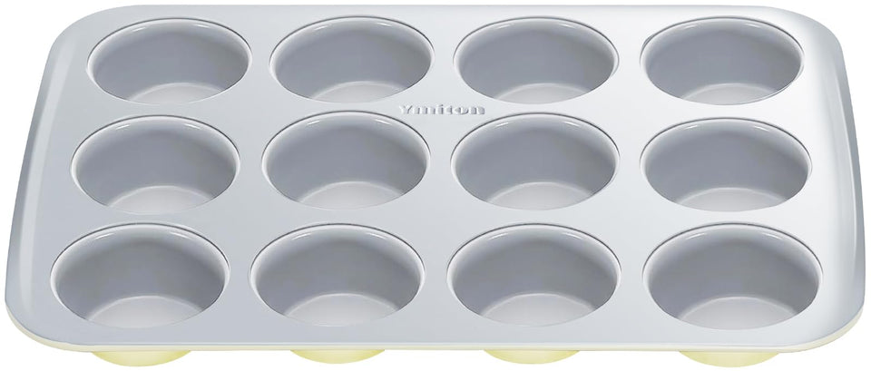 Ymiton 12-cup muffin pan with ceramic nonstick for easy release and even browning.