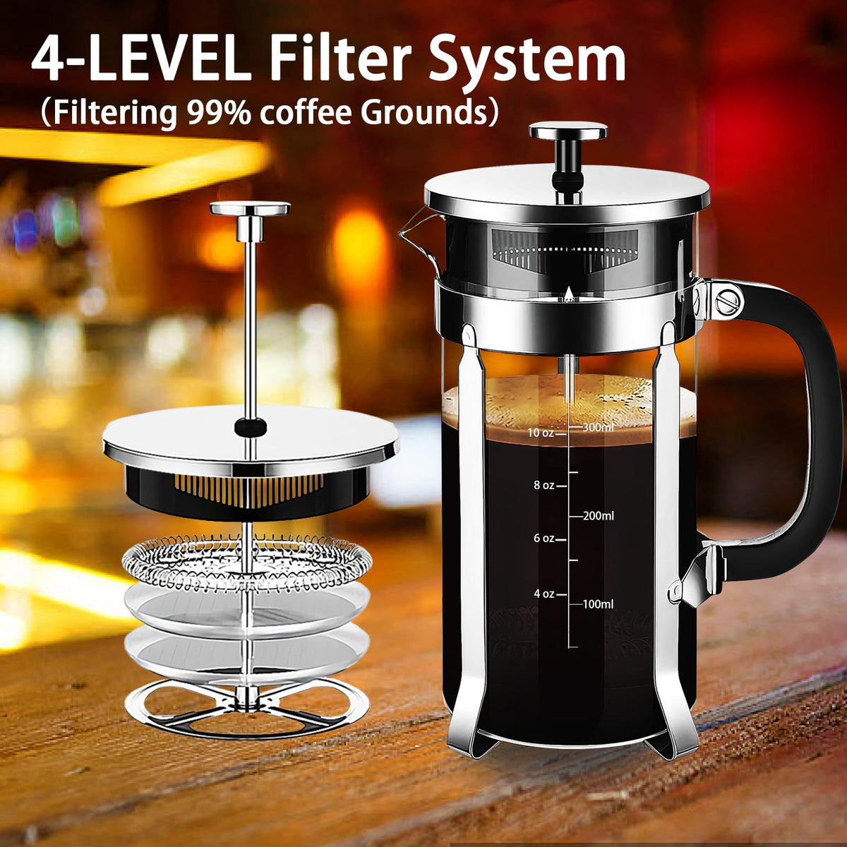 YMMIND French Press with borosilicate glass highlights heat resistance and clarity.