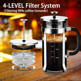YMMIND French Press with borosilicate glass highlights heat resistance and clarity.