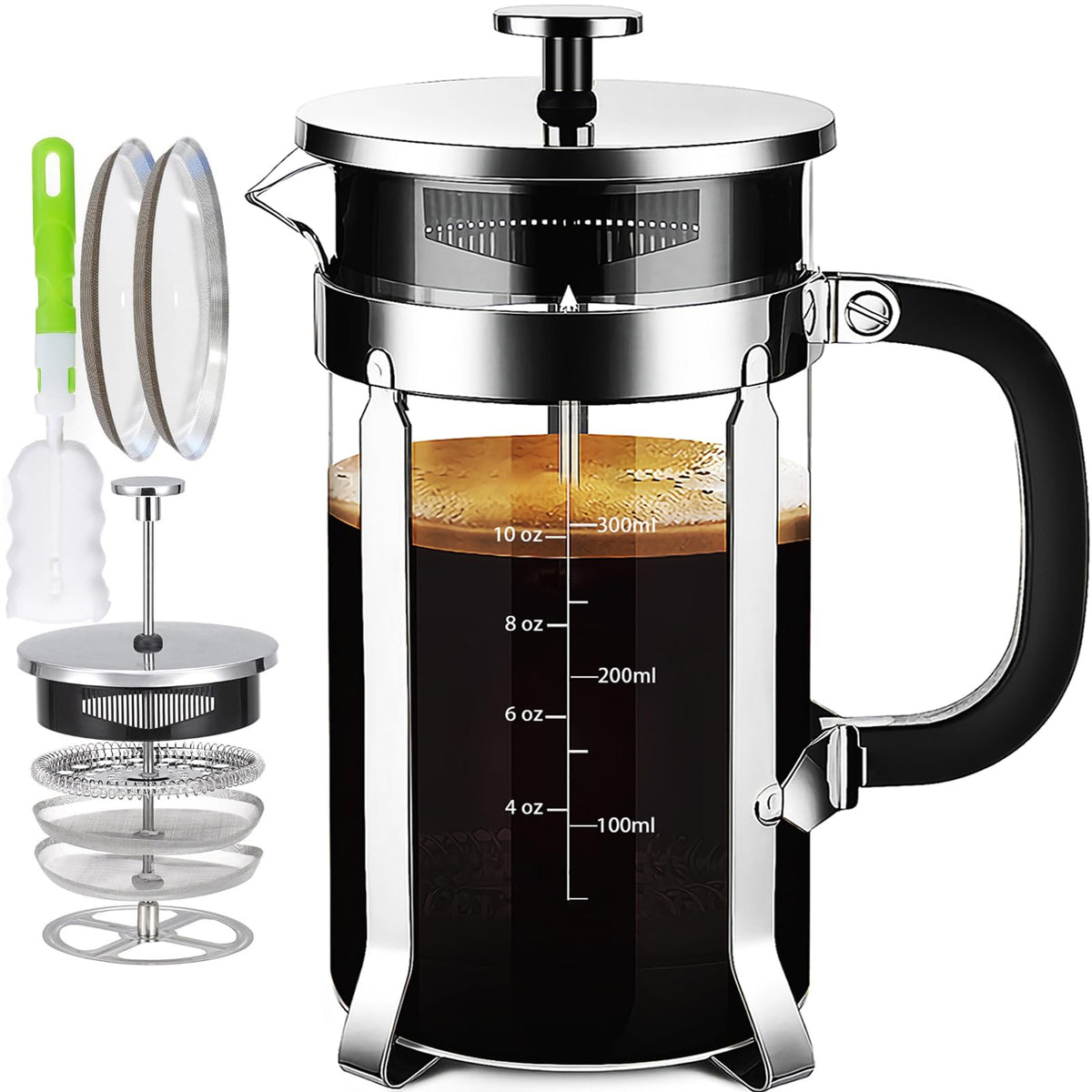 YMMIND French Press front view, compact 12oz design for home brewing.