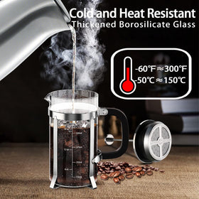 YMMIND borosilicate glass carafe highlights heat resistant design.