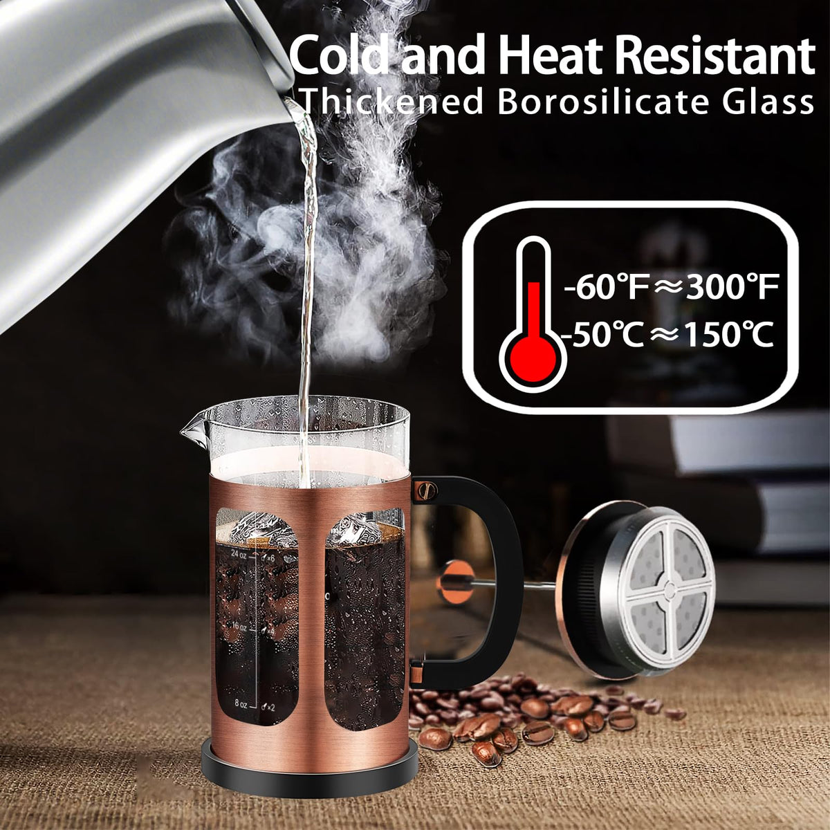 YMMIND thick borosilicate glass carafe highlighting heat resistance