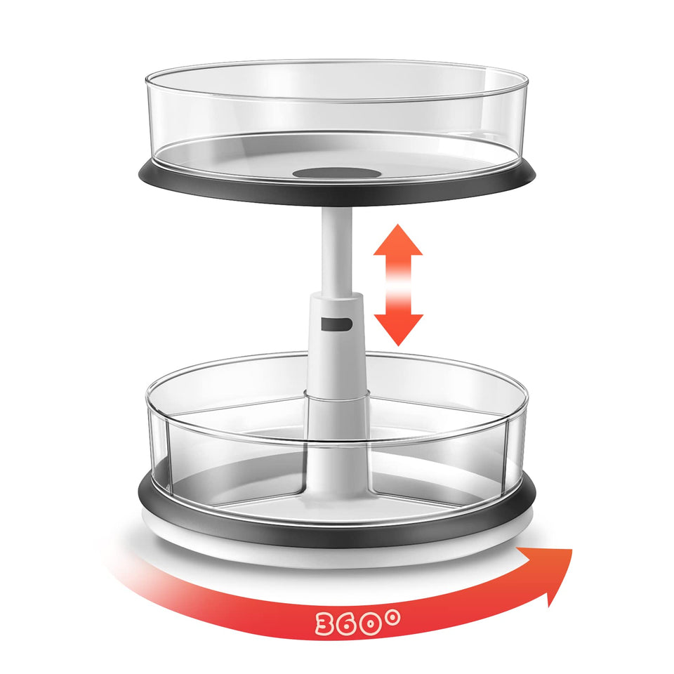 Ynelyase 2-tier lazy susan with clear turntable improves cabinet access.