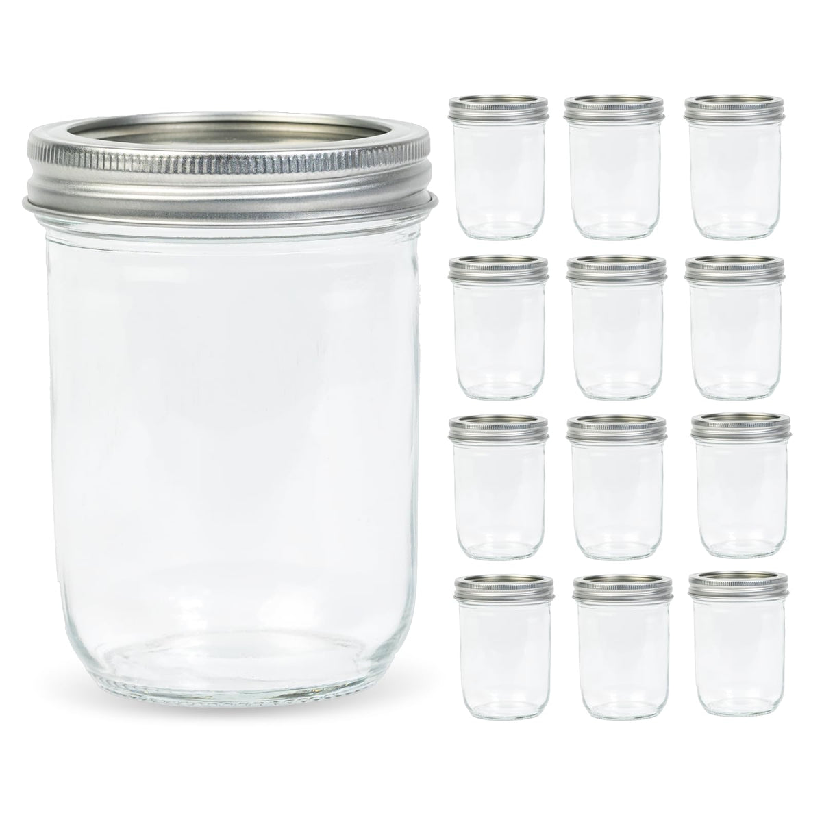 Yodecy 12-pack 16oz wide-mouth mason jars with glass and silver lids for durable, reusable storage.