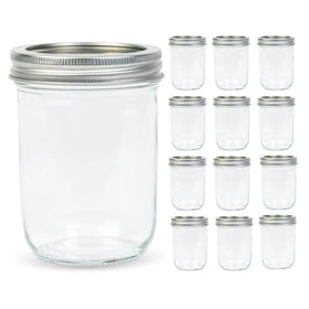 Yodecy 12-pack 16oz wide-mouth mason jars with glass and silver lids for durable, reusable storage.