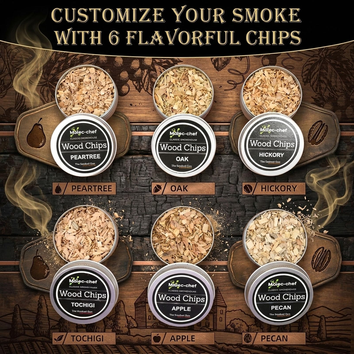 Yodel wood chips six flavors ready to elevate drinks and foods.