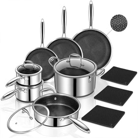 Yoehka 14-piece set on stove showing versatile cooking with even heating
