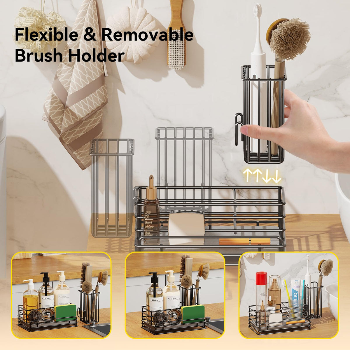 Yofidra three-compartment caddy keeps brushes, bottles, and sponges organized.