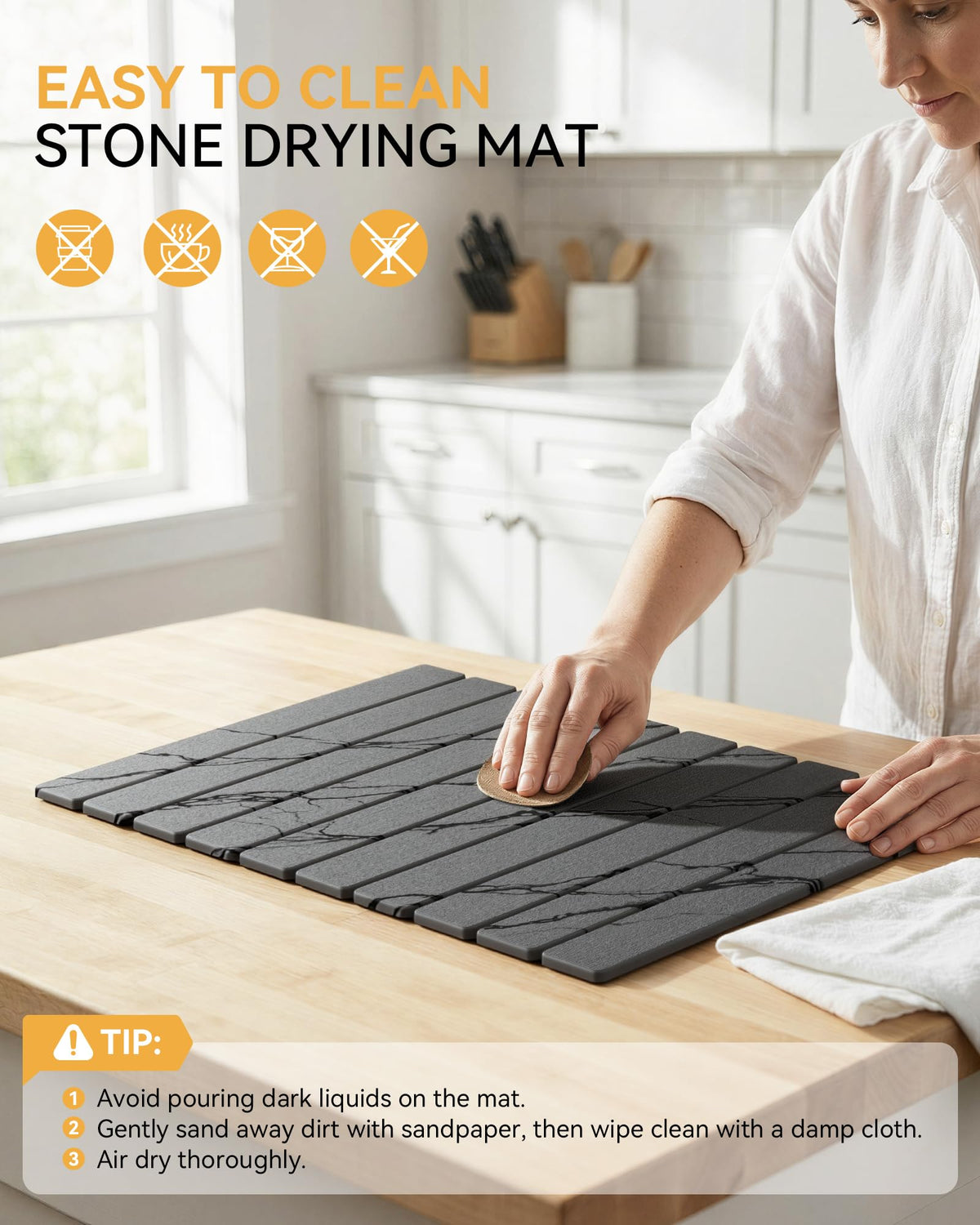 Yofidra stone mat serves as kitchen counter saver and dish rack alternative.