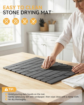 Yofidra stone mat serves as kitchen counter saver and dish rack alternative.