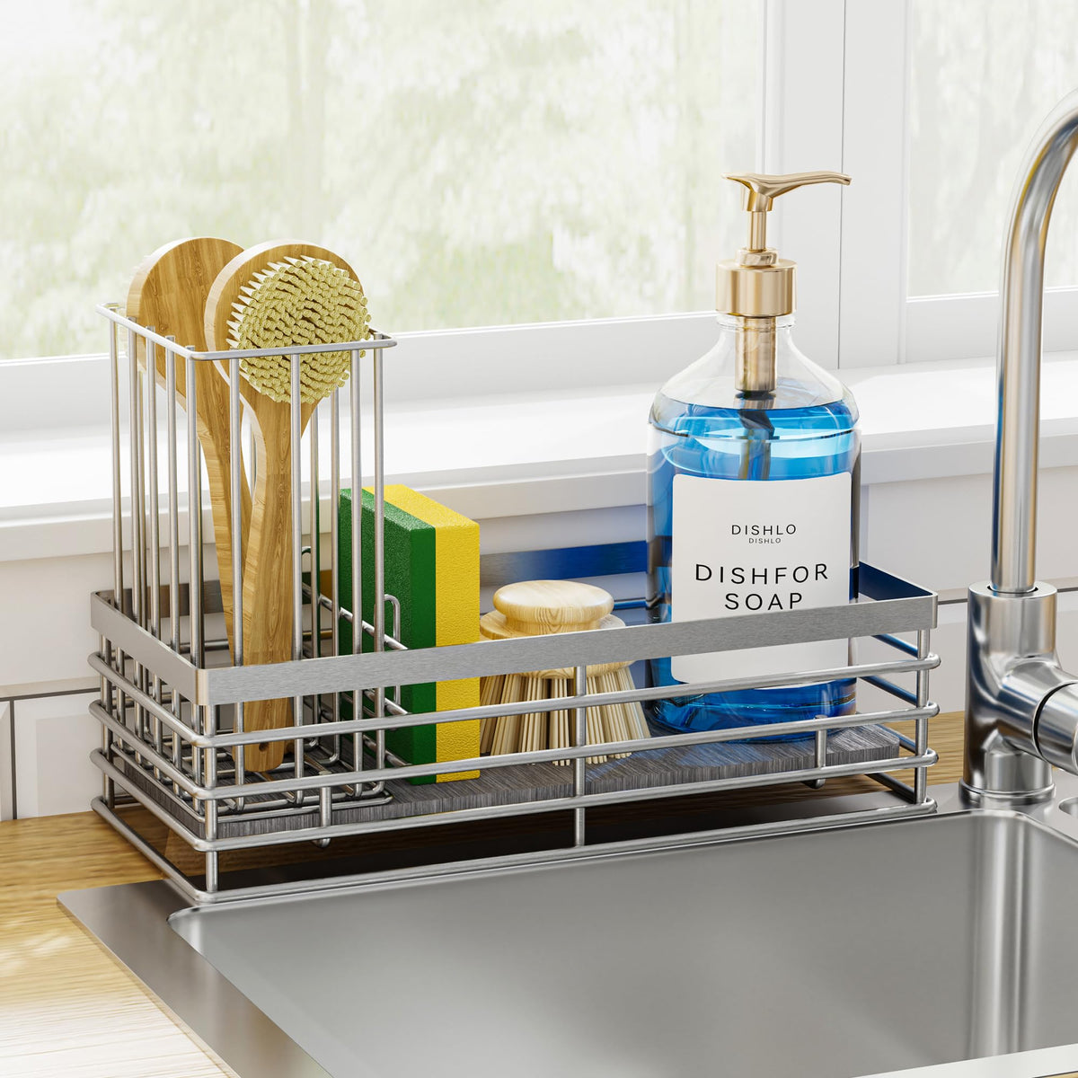Yofidra sink caddy three compartments organize sponges and brushes.