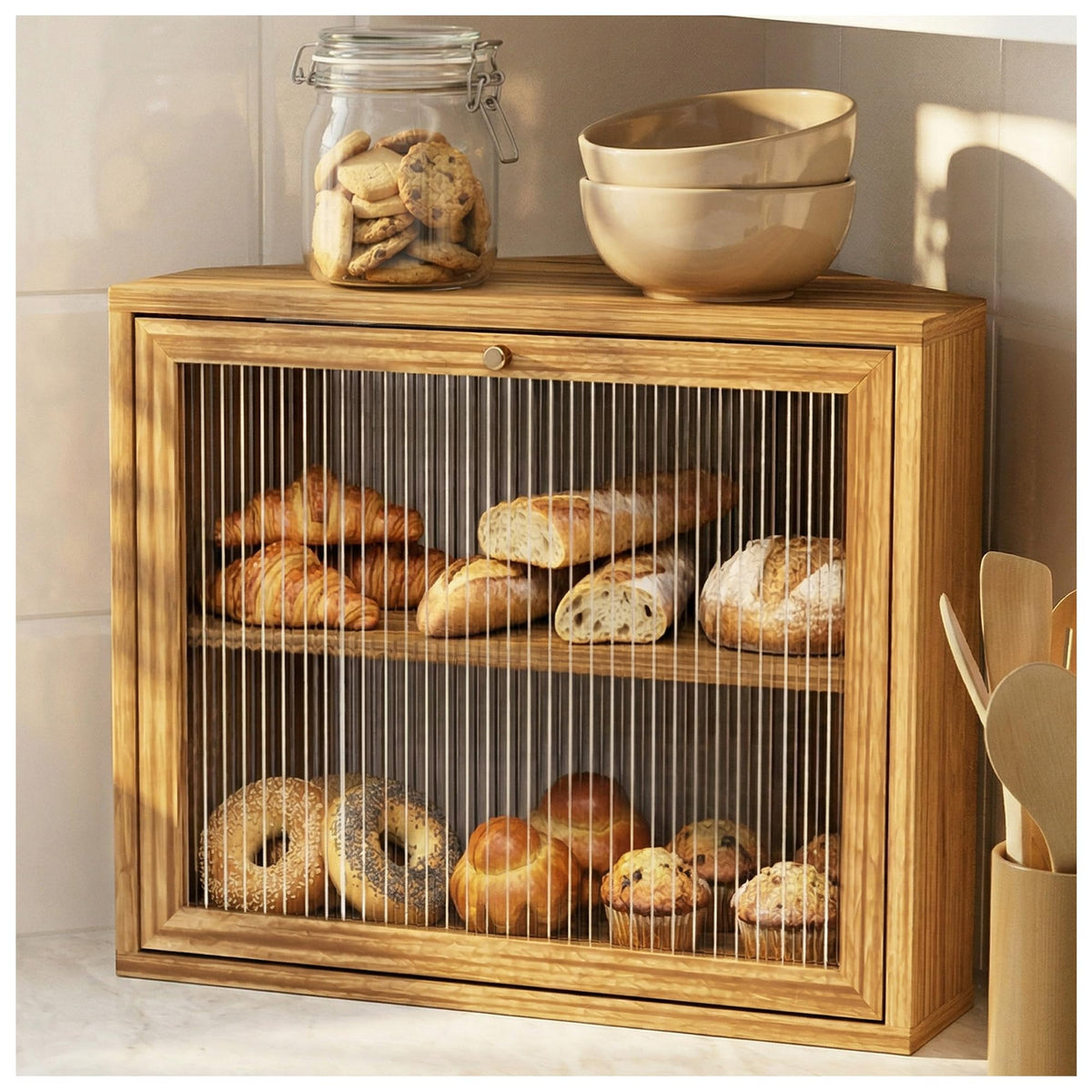 Yoimori corner bread box with triangular design saves counter space while keeping bread within easy reach.