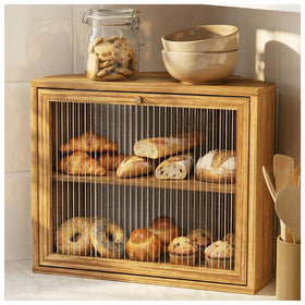 Yoimori corner bread box with triangular design saves counter space while keeping bread within easy reach.