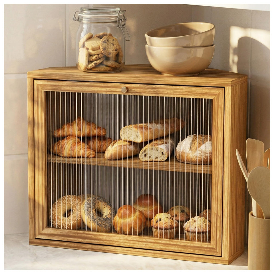 Yoimori corner bread box with triangular design saves counter space while keeping bread within easy reach.