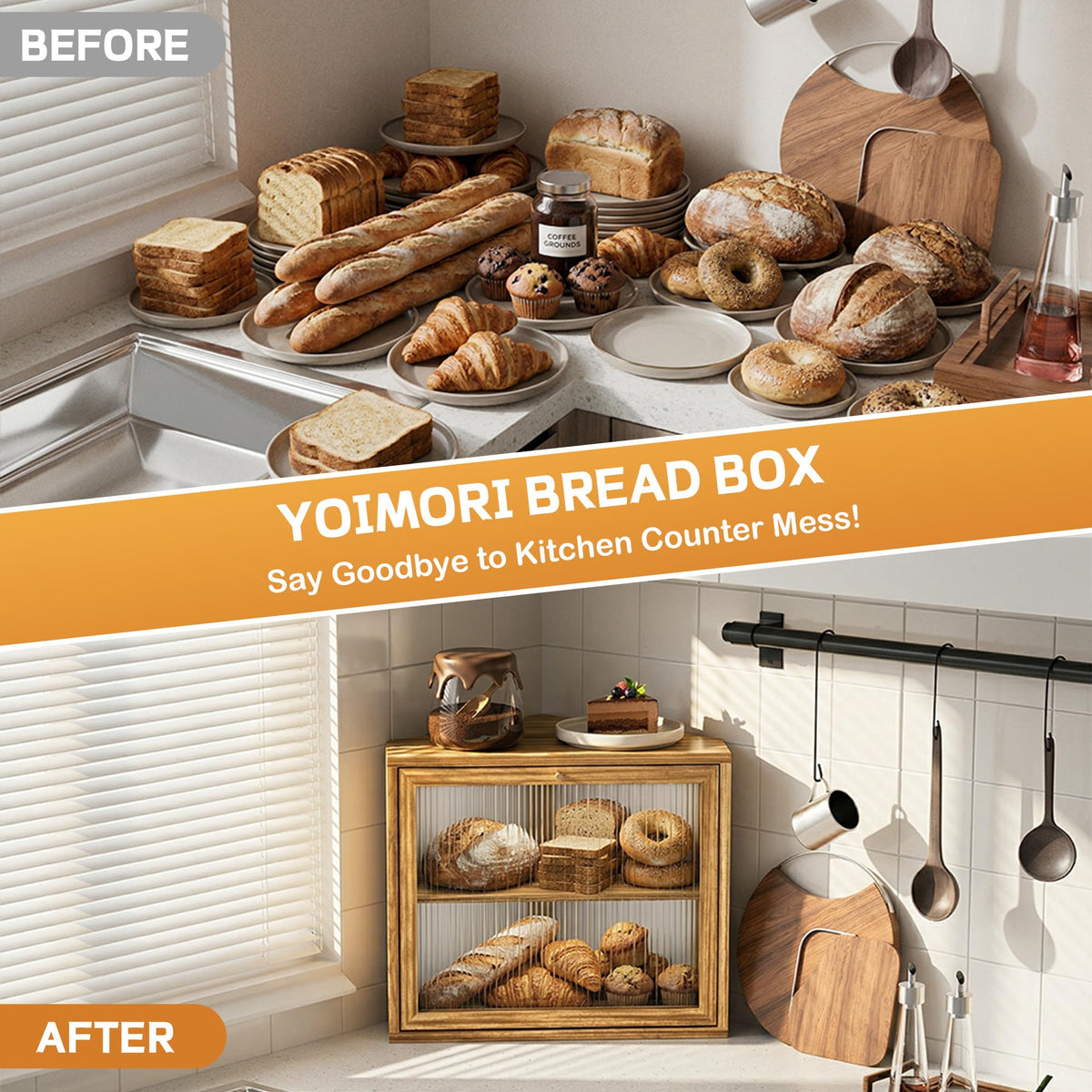 Yoimori flat pine top doubles as a landing space for jars and small kitchen items.