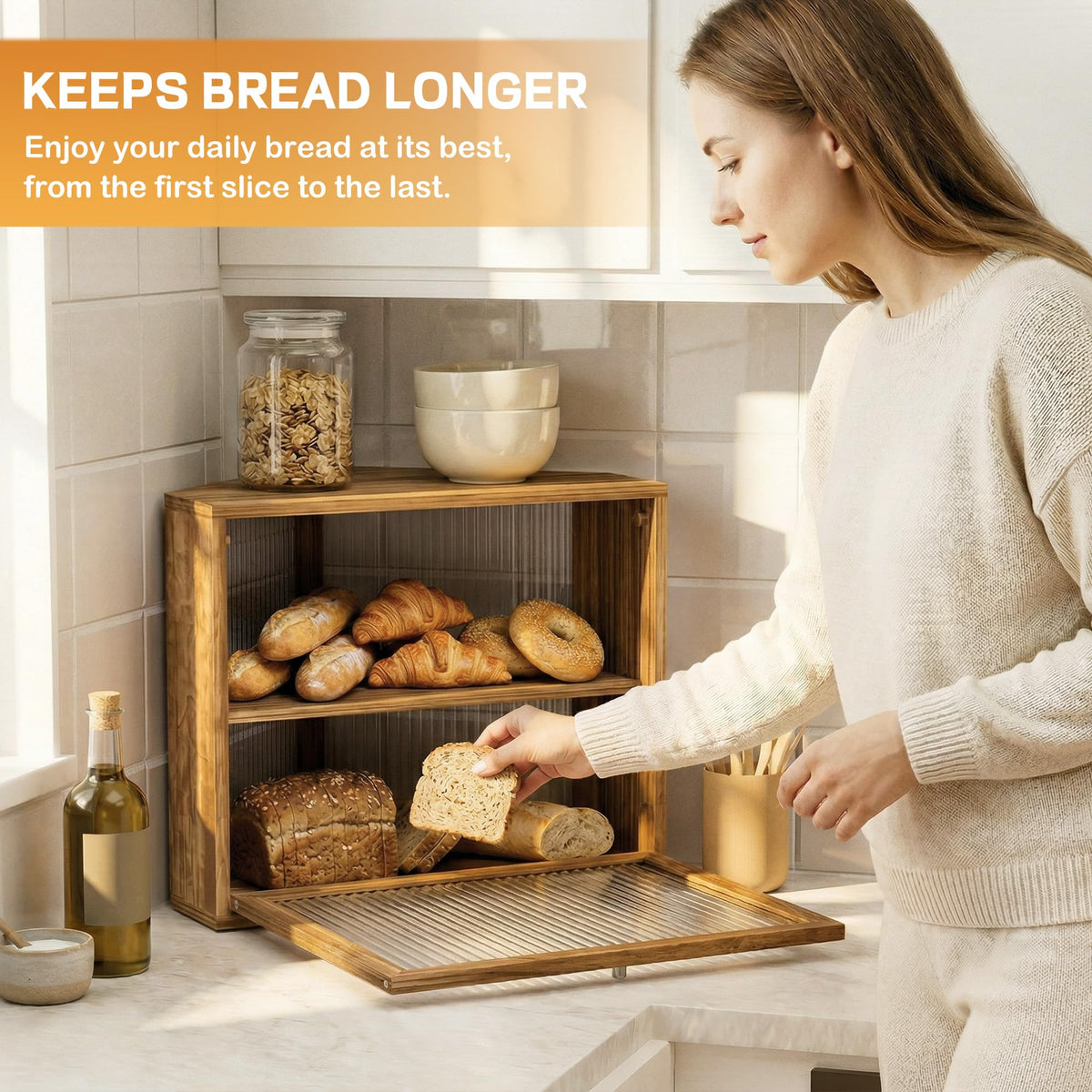Yoimori pine wood bread keeper showcases natural texture and durable construction for everyday use.