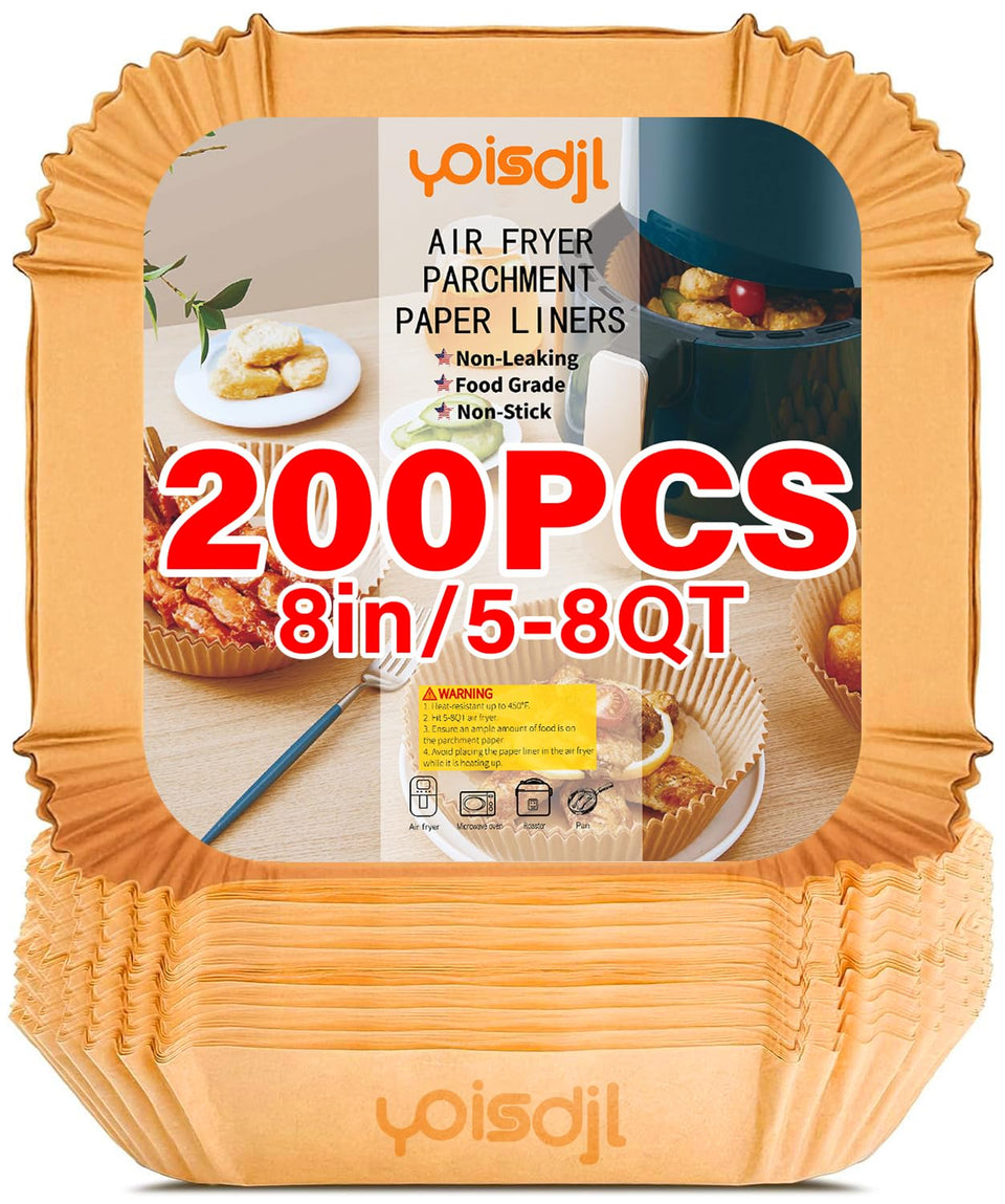 YOISDJL air fryer liners packaging shows 200pcs for quick meal prep